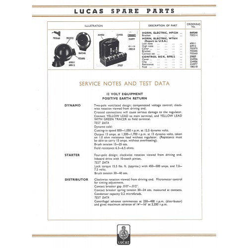MG TC Lucas Spares Parts List image #2